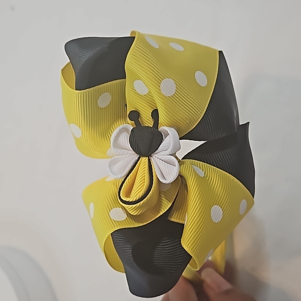 Hand Crafted Handmade Bow Hairband Yellow white polka-dot black contrast ribbon - Picture 14 of 17